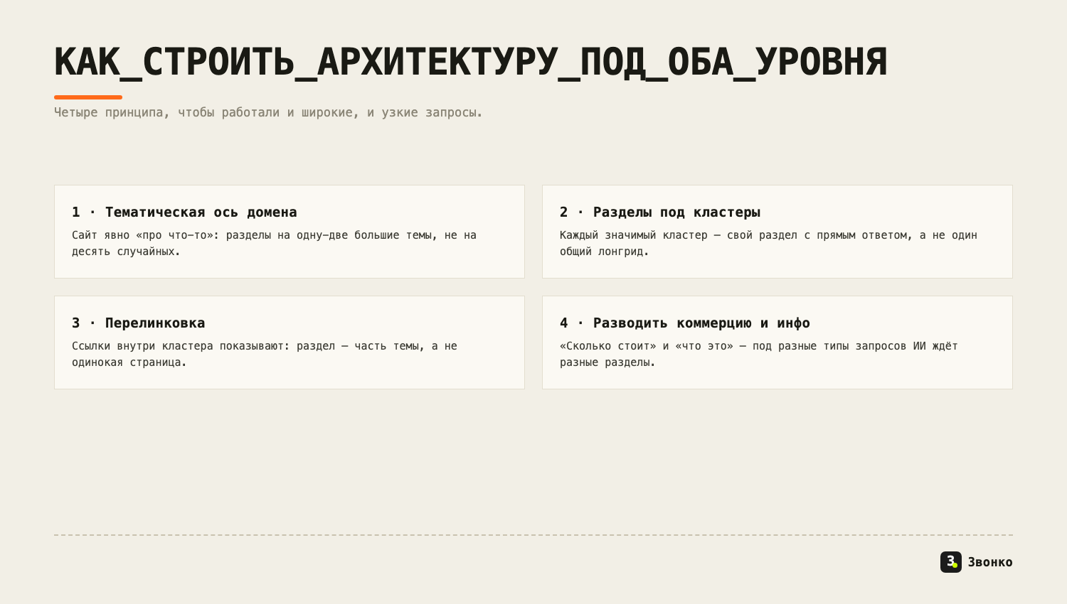 Четыре принципа архитектуры сайта под нейросети: ось домена, разделы под кластеры, перелинковка, развод коммерции и инфо