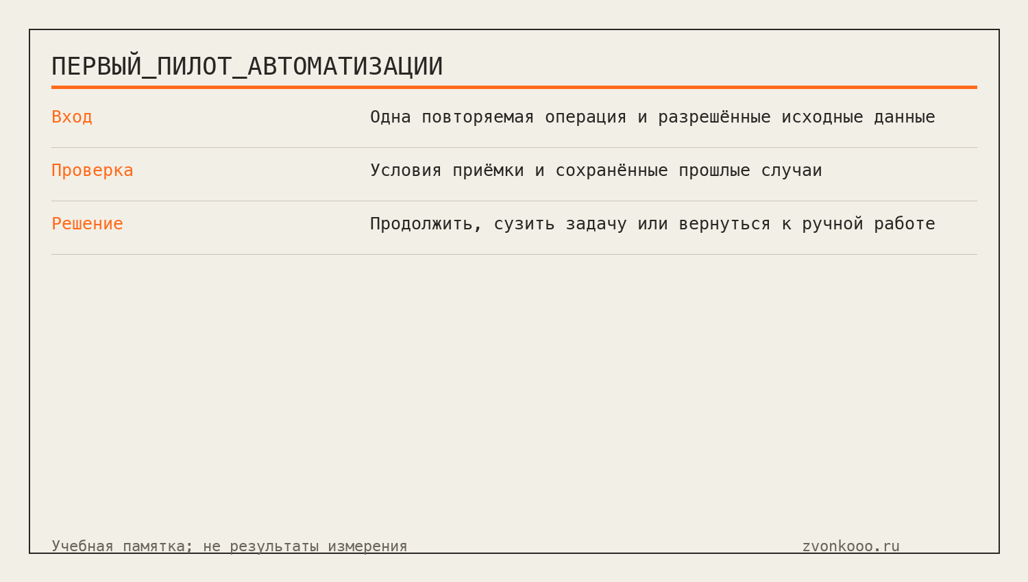 Первый пилот автоматизации: учебная памятка
