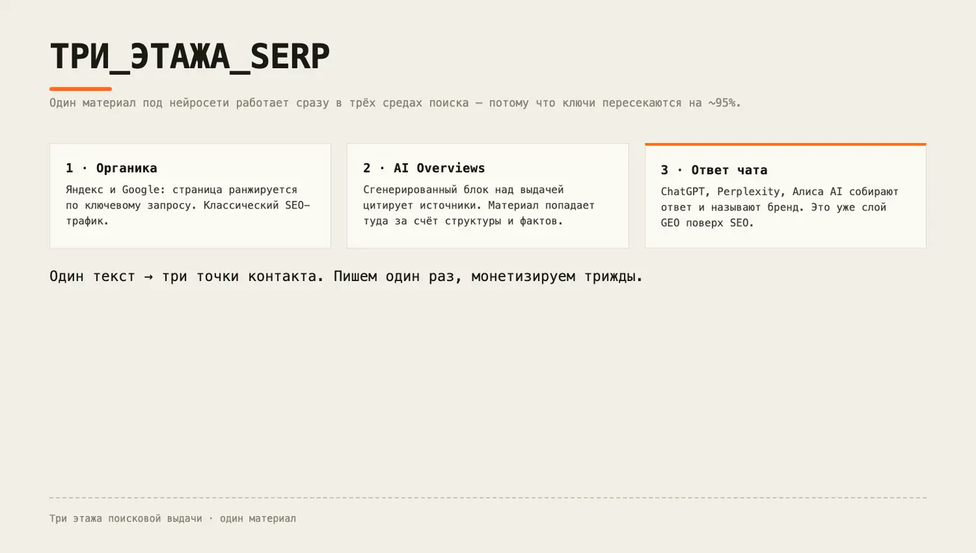 Три этажа SERP: органика, AI Overviews, ответ чата — один материал питает все три