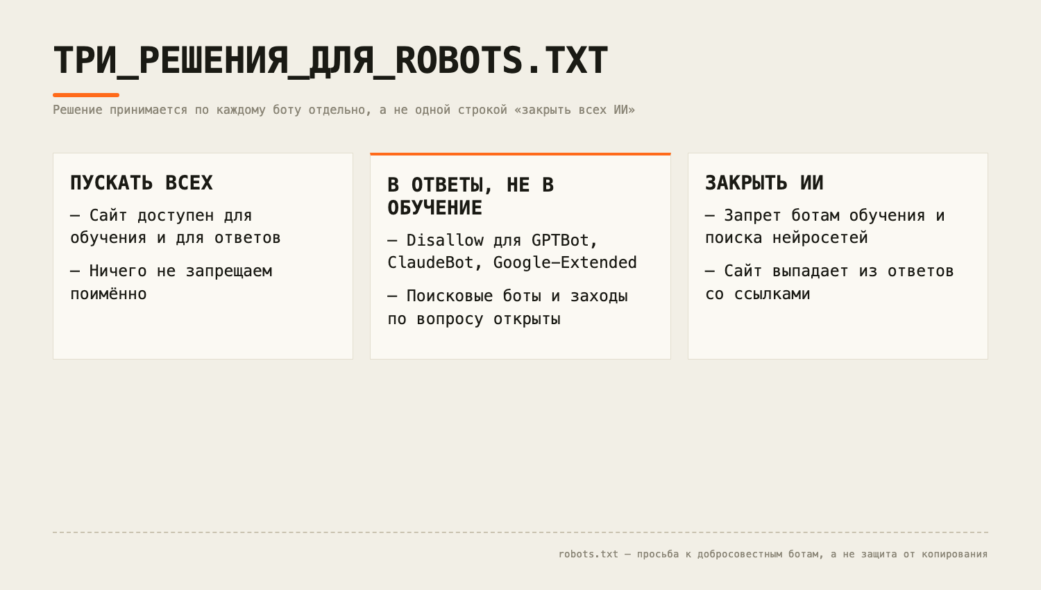 Три решения для robots.txt: пускать всех, пускать в ответы без обучения или закрыть ИИ-ботов