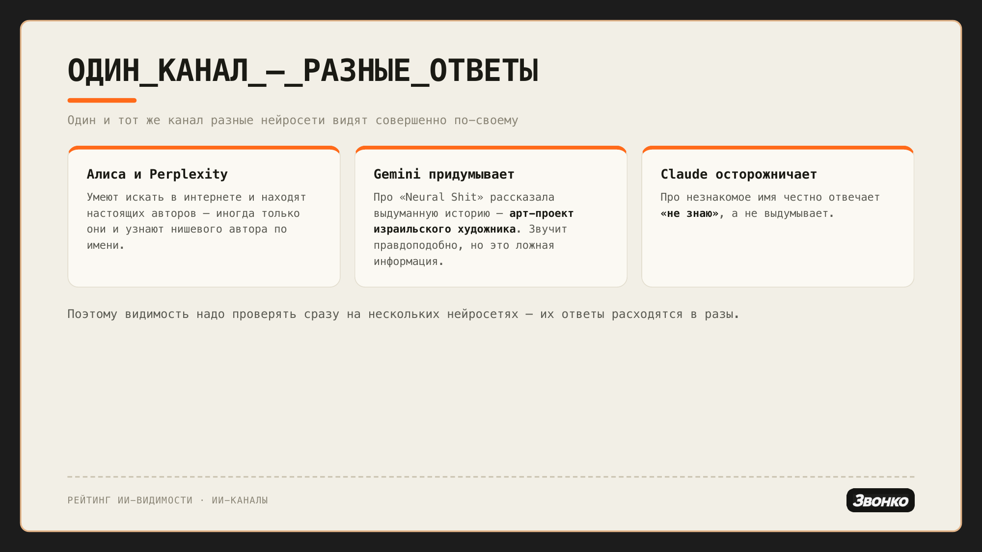Разные нейросети видят один и тот же канал по-своему: Алиса и Perplexity находят авторов, Gemini выдумывает, Claude честно отвечает «не знаю»