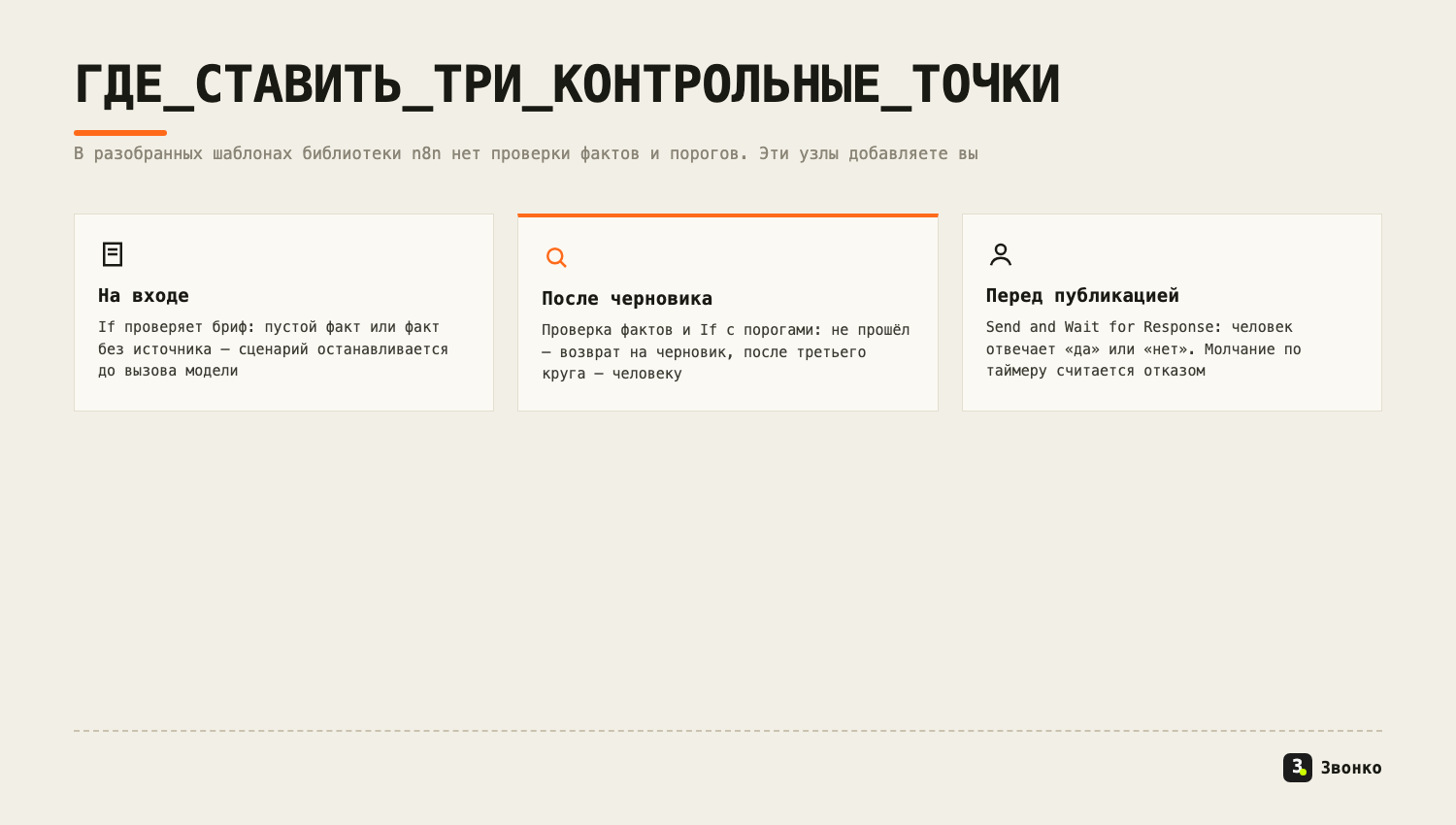 Три контрольные точки в сценарии n8n: проверка брифа на входе, проверка фактов и пороги после черновика, подтверждение человеком перед публикацией